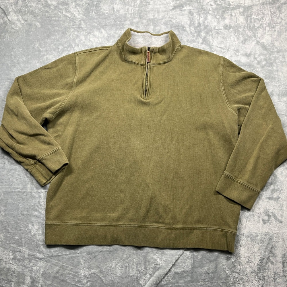 Lands End Quarter Zip Pullover Mens XXL Olive Green Ribbed Knit Sweatshirt